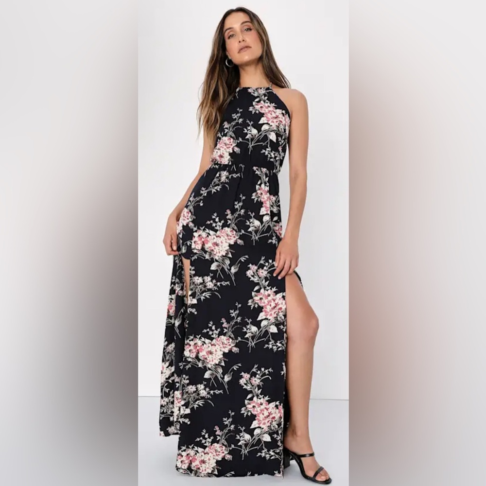 NWT Lulus Feel the Music Midnight Blue Floral Print Maxi Dress
